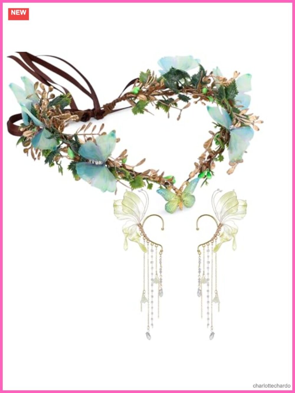 Fairy Crown Elf Ear Cuffs Set Butterfly Woodland Cosplay Accessory